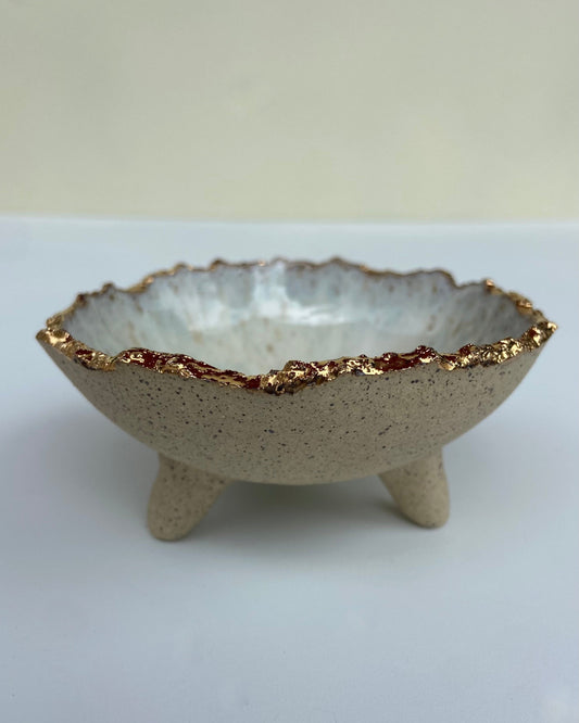 jewelry or trinket dish. Gold luster rim with glossy white glaze. 