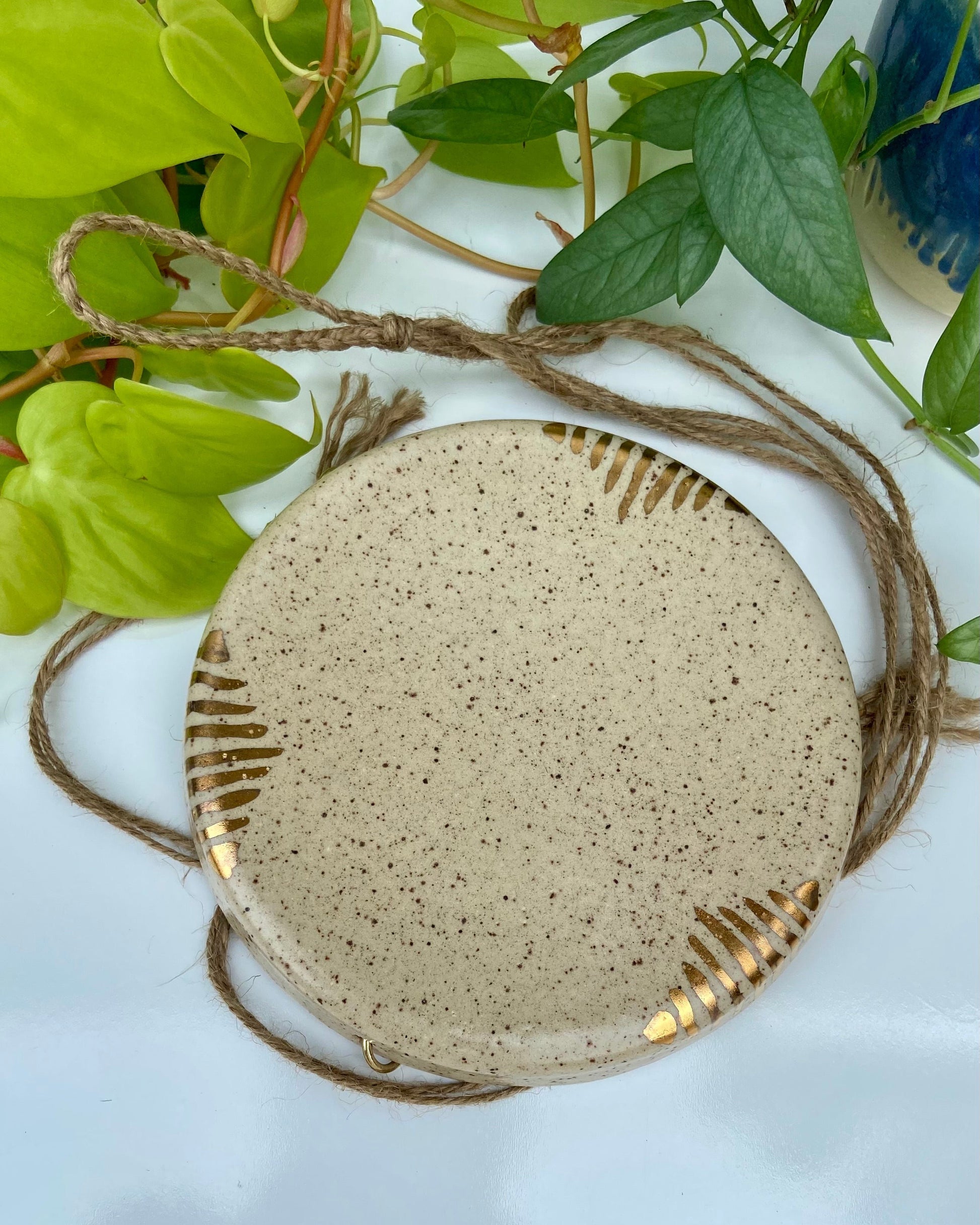 Hanging plate for plants. Gold luster details. Speckled clay 