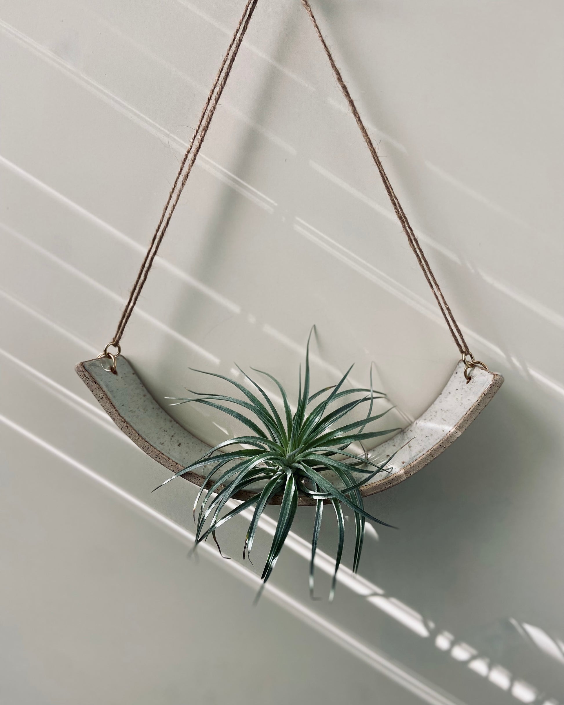 Ceramic air plant hanger, white glaze, hemp string, decor