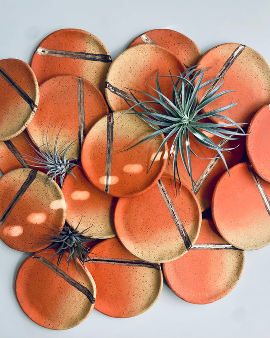 Ceramic dish with gold luster, yellow and orange underglaze ombre design